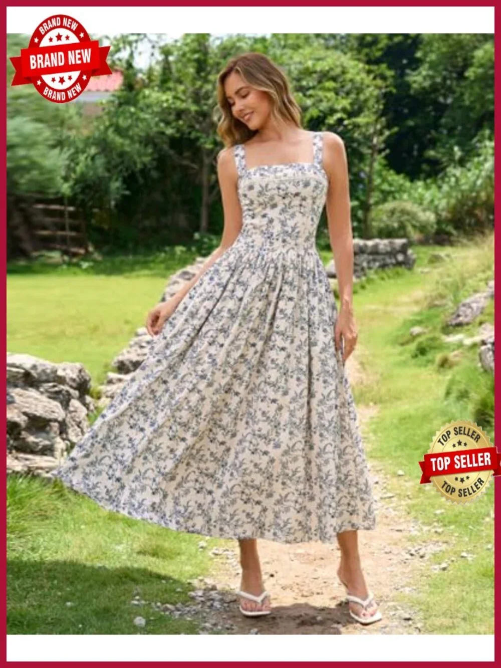 Flowy A-Line Corset Midi Dress with Pockets, Square Neck Lace Trim Sundress